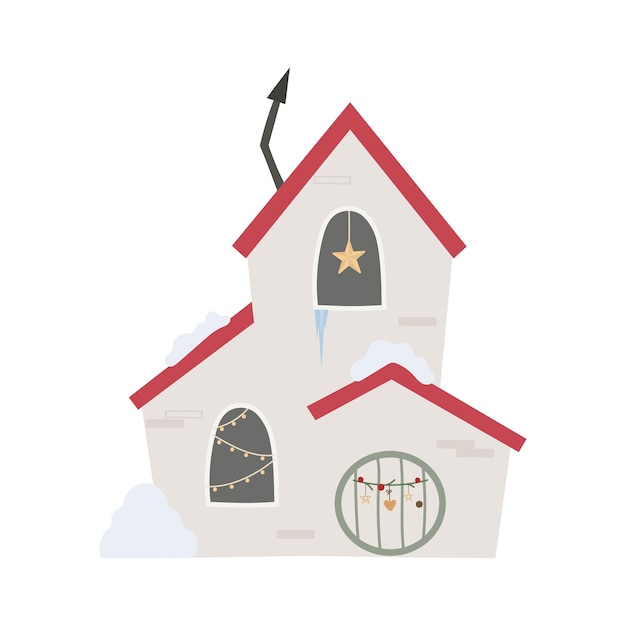 Cute Christmas house with red roof chimney dark windows Vector illustration for banner card