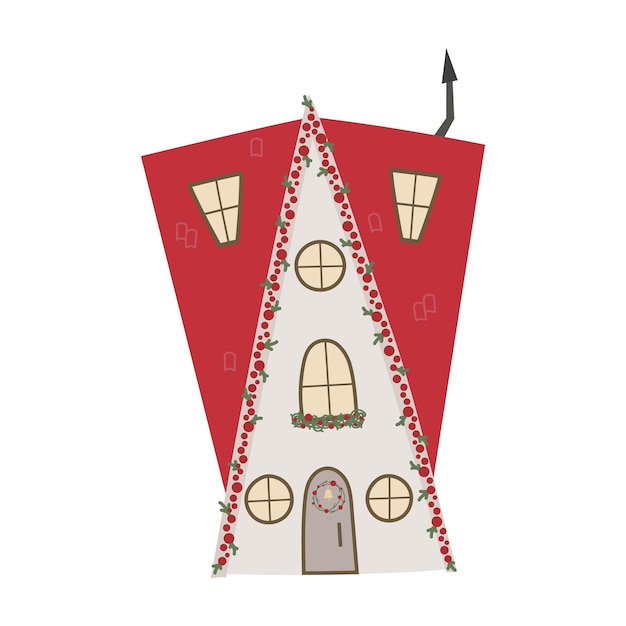 Cute Christmas house with red roof chimney Vector illustration for banner card