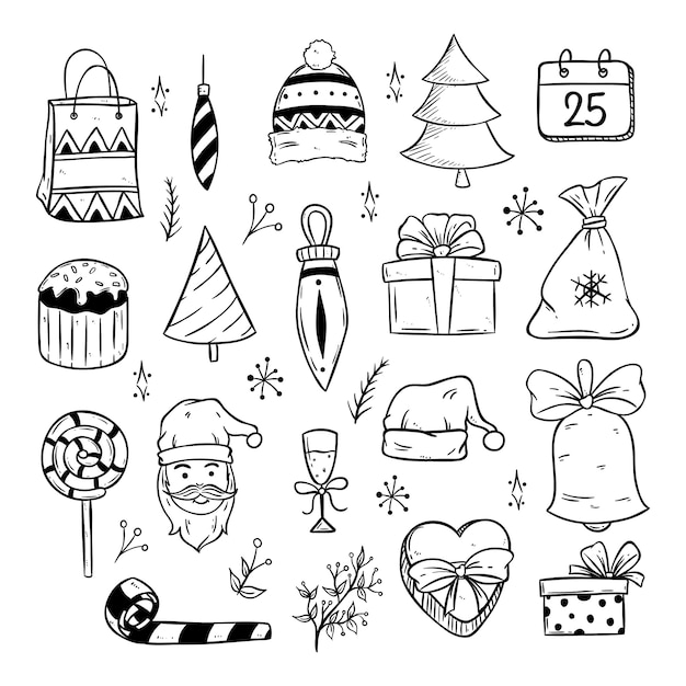 cute christmas icons or elements with doodle art