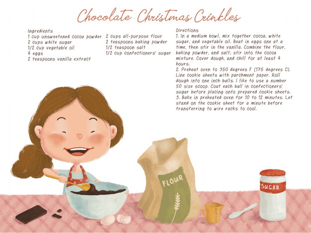 Vector cute christmas illustration with chocolate cookies recipe