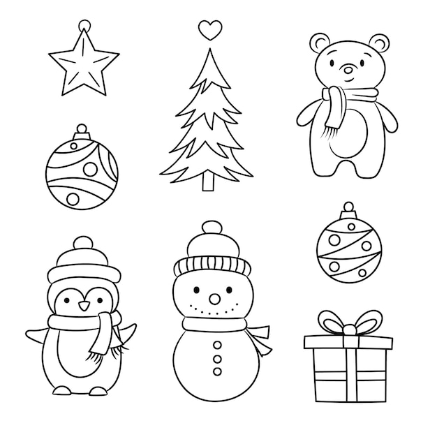 Cute christmas line art illustrations holiday decoration