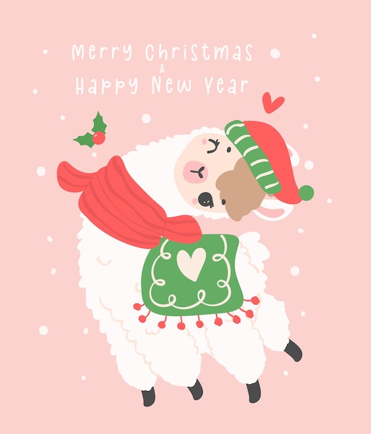 Cute Christmas llama greeting card in winter theme kawaii Happy New Year cartoon Animal