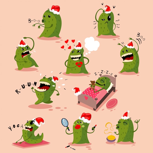 Cute Christmas monsters in Santa hat. Vector cartoon character set isolated