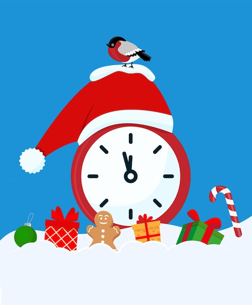 Cute Christmas and New Year card with clocks, gifts and Santa Claus hat EPS 10