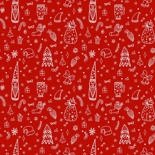 Cute Christmas pattern in doodle style. Seamless background with elf, tree, gifts, snowflakes and stars on a red background