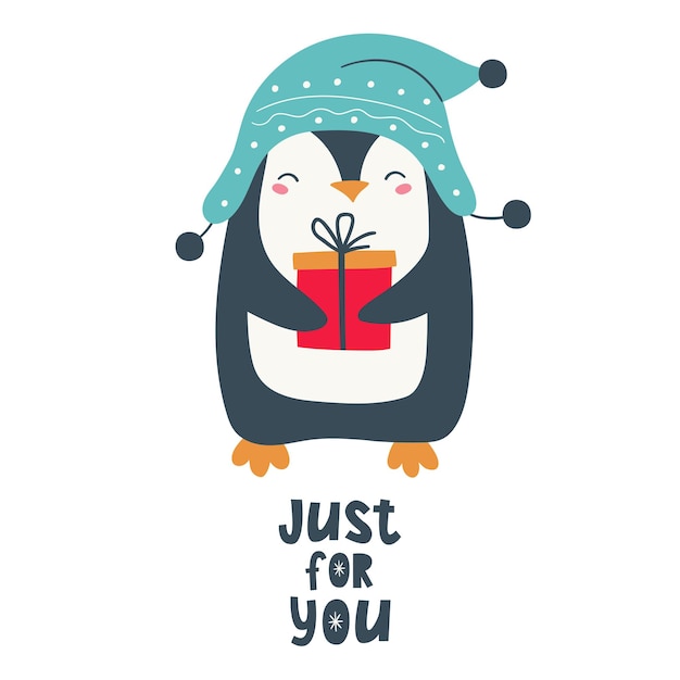 Vector cute christmas penguin and hand lettering just for you christmas characters