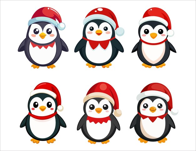 Cute Christmas Penguin with Santa Hat Watercolor Clip Art Design in Vector Format on Flat White Background