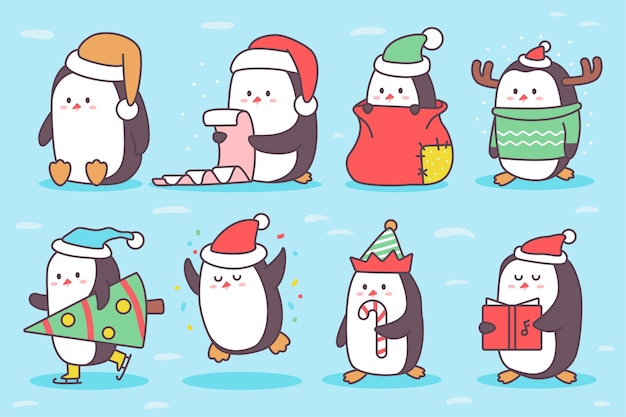 Cute Christmas penguins characters  cartoon set isolated on background.