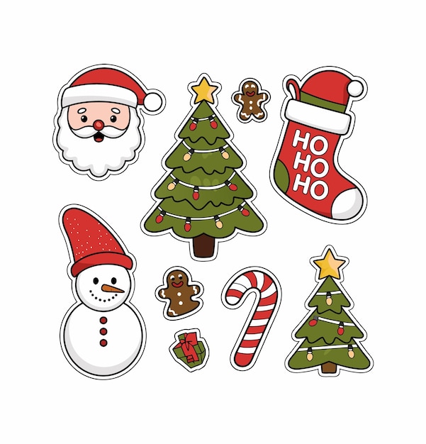 Vector cute christmas printable stickers vector illustration set