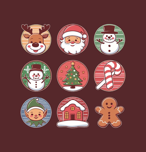 Vector cute christmas printable stickers vector illustration set