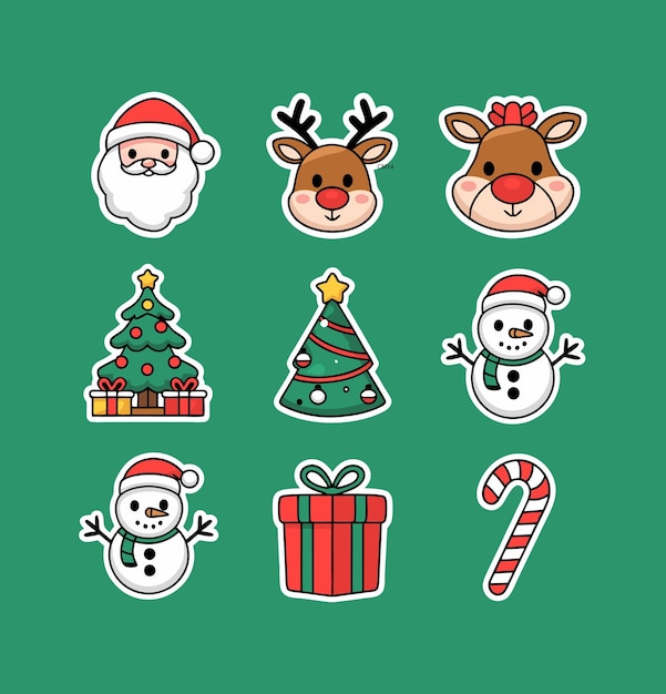 Vector cute christmas printable stickers vector illustration set