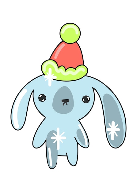 Cute Christmas rabbit in a New Year's hat. Blue glitter hare drawn in a flat style.