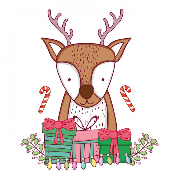 Vector cute christmas reindeer with wreath and gifts