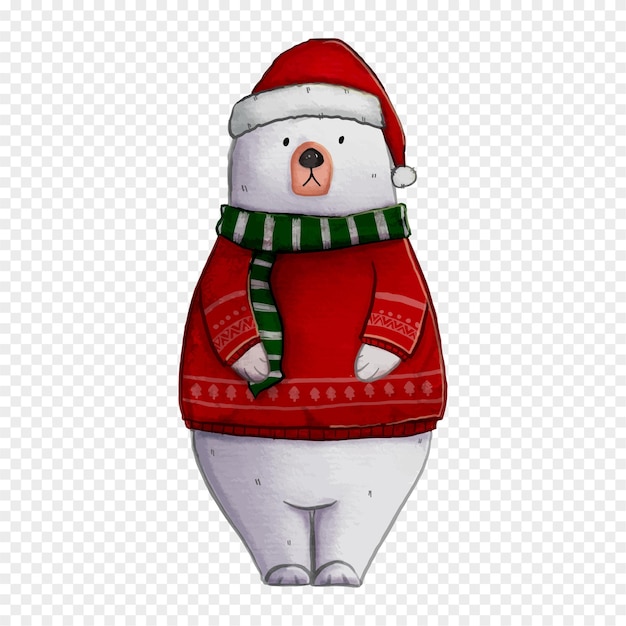 Cute Christmas Santa bear With hat and scarf decor and print Vector cute cartoon character