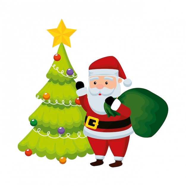 Cute christmas santa claus with pine tree