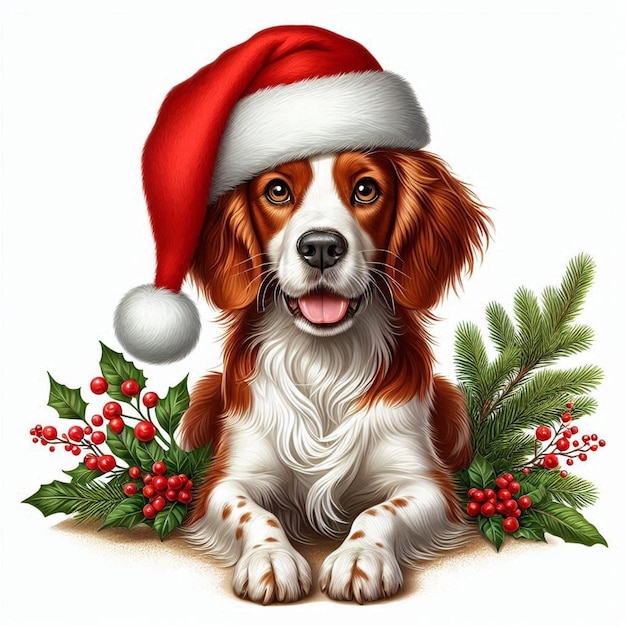 Cute Christmas Santa Hat Brittany Spaniel Dogs Vector Cartoon illustration white background