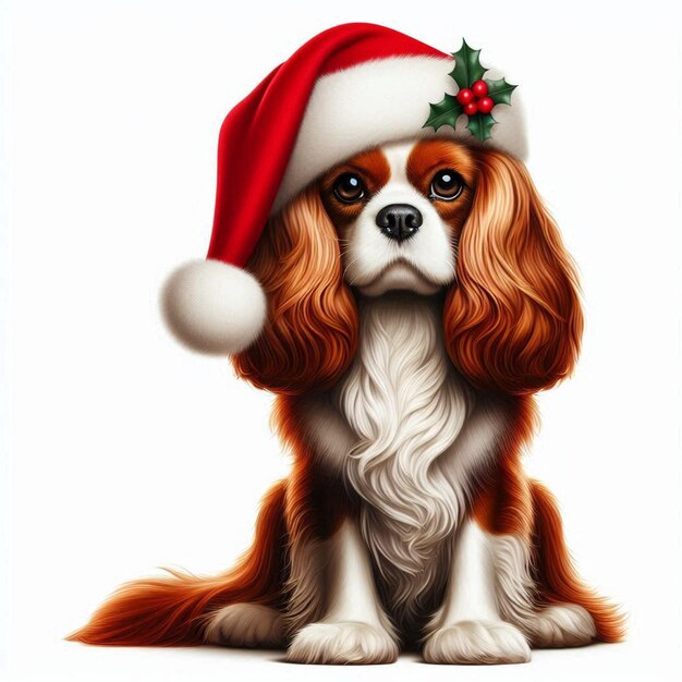 Cute Christmas Santa Hat Cavalier King Charles Spaniel Dog Vector Cartoon illustration