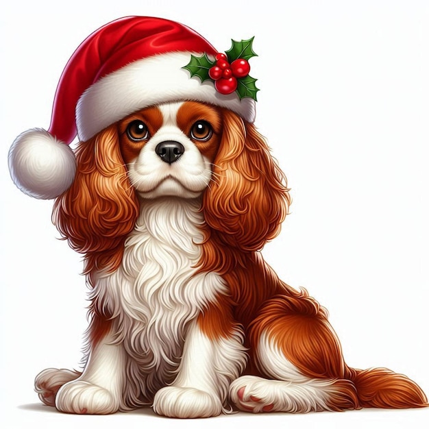 Cute Christmas Santa Hat Cavalier King Charles Spaniel Dog Vector Cartoon illustration