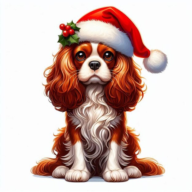 Cute Christmas Santa Hat Cavalier King Charles Spaniel Dog Vector Cartoon illustration