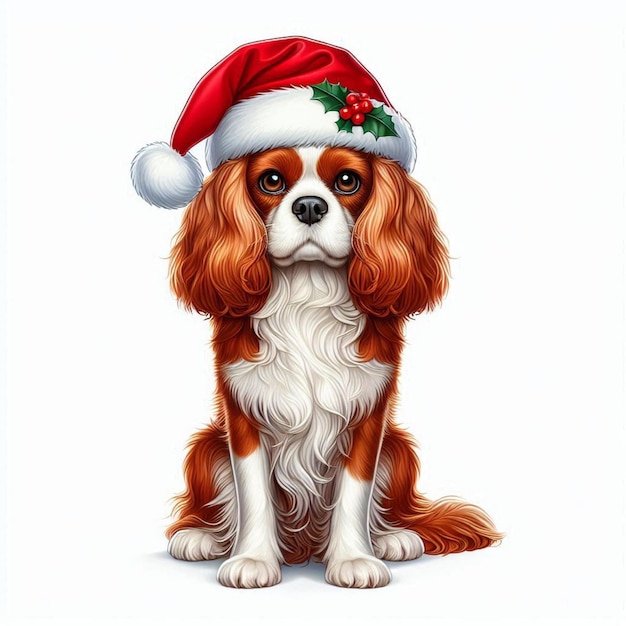 Cute Christmas Santa Hat Cavalier King Charles Spaniel Dog Vector Cartoon illustration