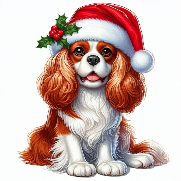 Cute Christmas Santa Hat Cavalier King Charles Spaniel Dog Vector Cartoon illustration