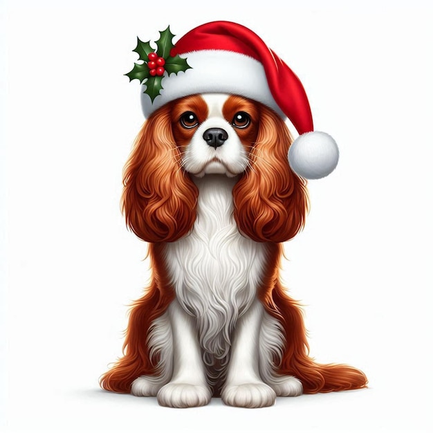 Cute Christmas Santa Hat Cavalier King Charles Spaniel Dog Vector Cartoon illustration