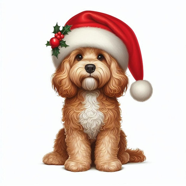 Cute Christmas Santa Hat Cockapoo Dog Vector Cartoon illustration white background