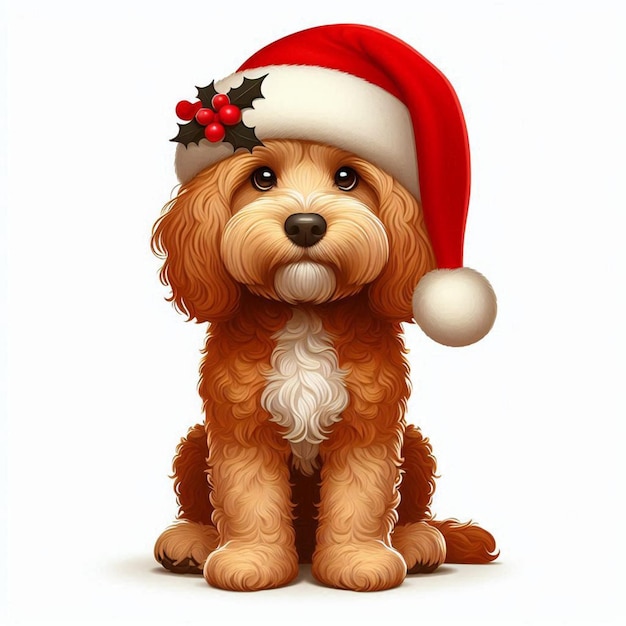 Cute Christmas Santa Hat Cockapoo Dog Vector Cartoon illustration white background