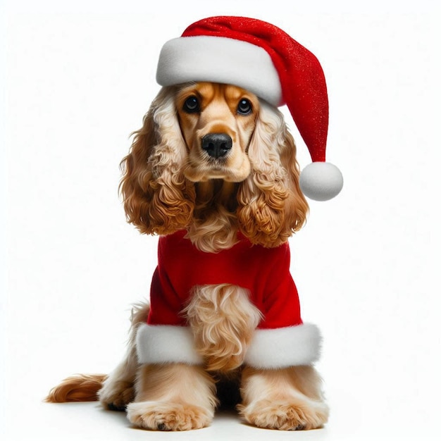 Cute Christmas Santa Hat Cocker Spaniel Dog Vector Cartoon illustration white background