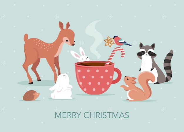 Cute Christmas scene with deer, bunny, raccoon, bear and squirrel around cup of hot chocolate