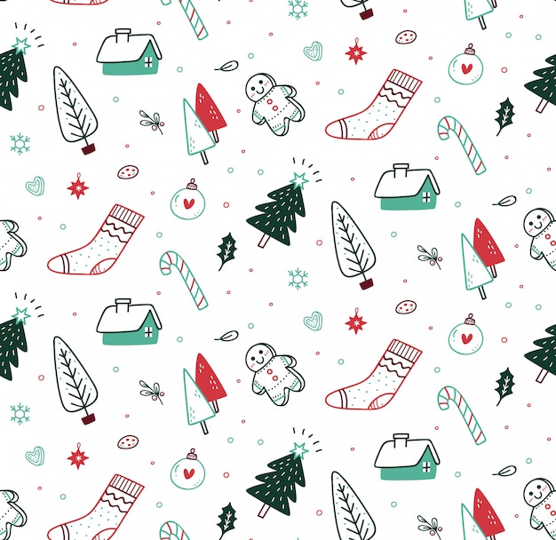 Cute Christmas seamless pattern in doodle style