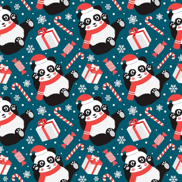 Cute christmas seamless pattern with panda candy snowflakes snowman mittens and socks