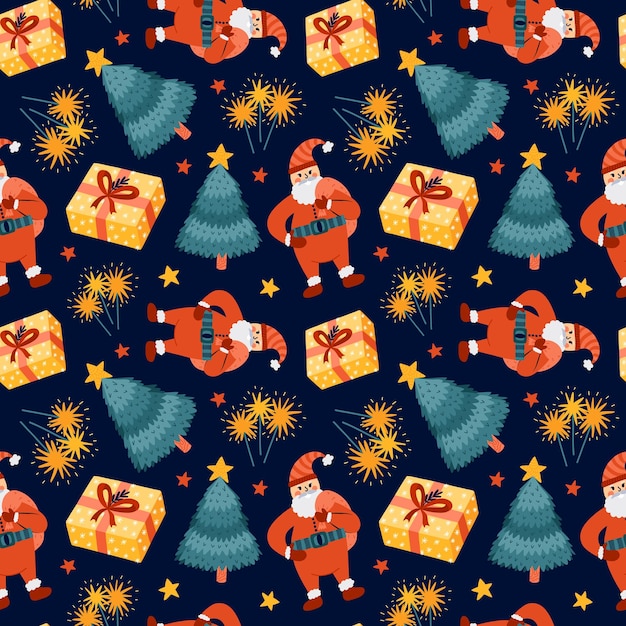 Cute Christmas seamless pattern with vector hand drawn holiday illustrations of gift box Santa Claus Christmas tree sparklers Can be used for wrapping paper bedclothes notebook packages