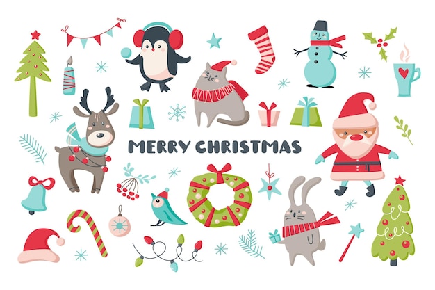 Cute Christmas set of animals, Santa, decoration isolated on white background. Vector hand drawn cartoon illustration. Design for card, banner, background, print t-shirt