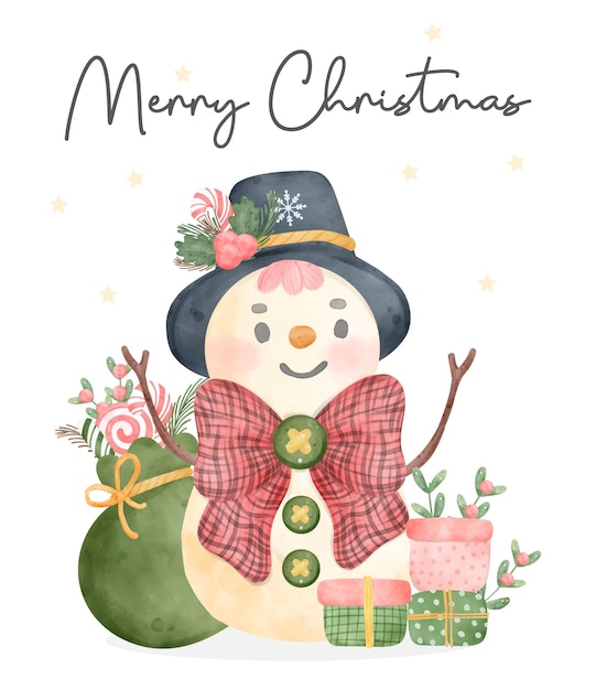 Cute Christmas Snowman Character with a green sack of gifts watercolour cartoon hand painting illustration vector