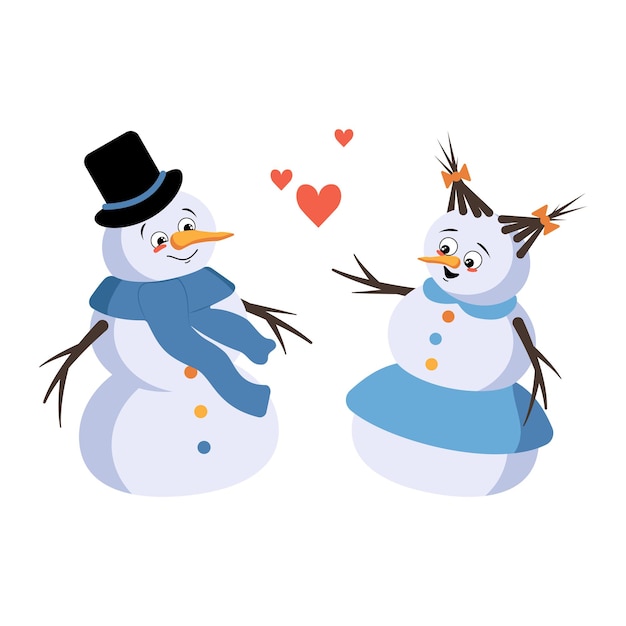 Cute Christmas snowman and snow woman with love emotions. New Year festive decoration 