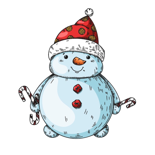 Cute Christmas snowman with Christmas candies in doodle style. Vector illustration.