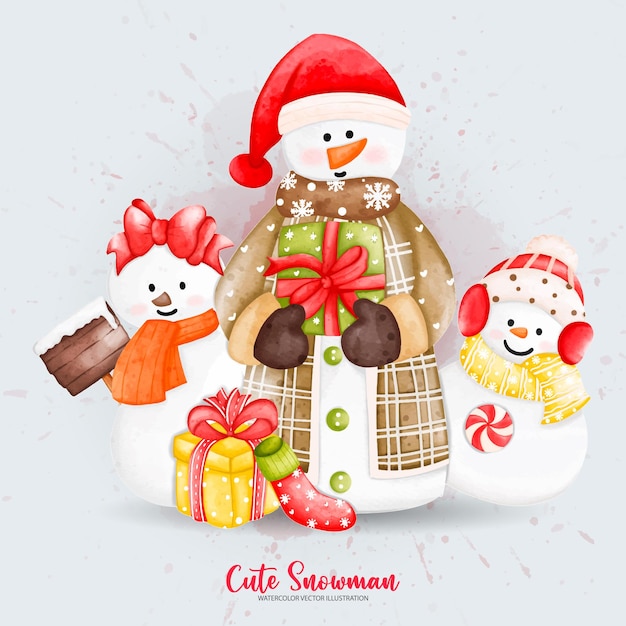 Cute Christmas Snowman with gift box Digital paint watercolor illustrationxDxA