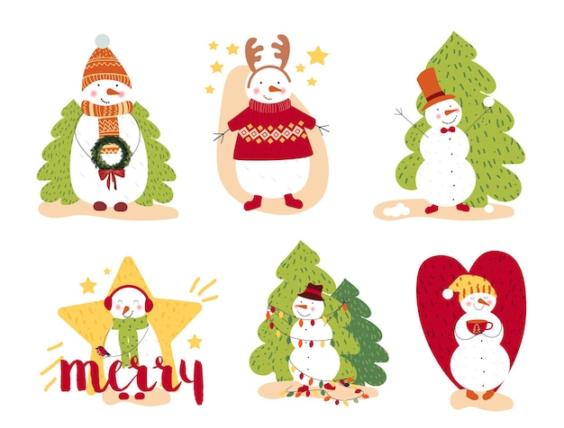 Cute christmas snowmen vector illustrations Funny snow man wearing hat scarf mittens collection