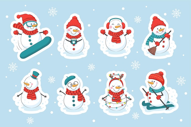 Cute christmas snowmen vector illustrations set Winter outdoor activity Cheerful snowmen in different costumes