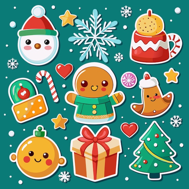 Cute Christmas sticker set with gingerbread men snowmen and Christmas trees