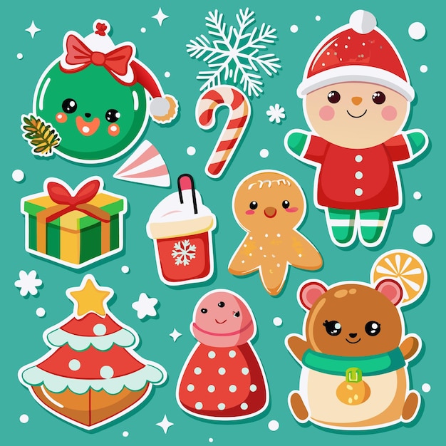 Cute Christmas Stickers with Gingerbread Man Christmas Tree and Candy Cane