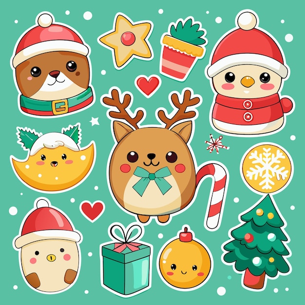 Cute Christmas stickers with a reindeer snowman and Christmas tree