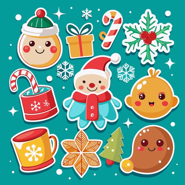 Cute Christmas stickers with snowflakes candy canes presents and a snowman