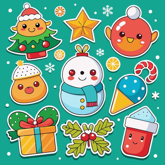 Cute Christmas Stickers with Snowman Christmas Tree Gift and Holly