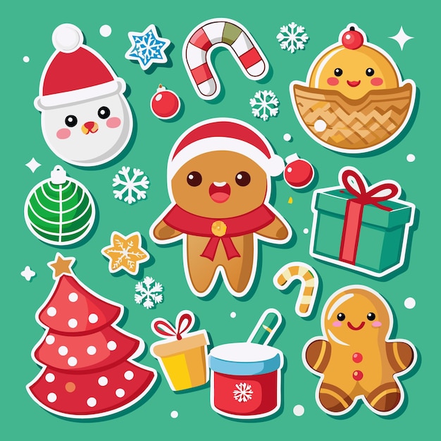 Cute Christmas Stickers with Snowman Gingerbread Candy Cane Tree and Gift