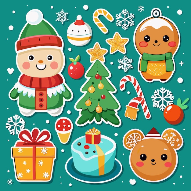 Cute Christmas Stickers with Snowman Gingerbread Man and Christmas Tree