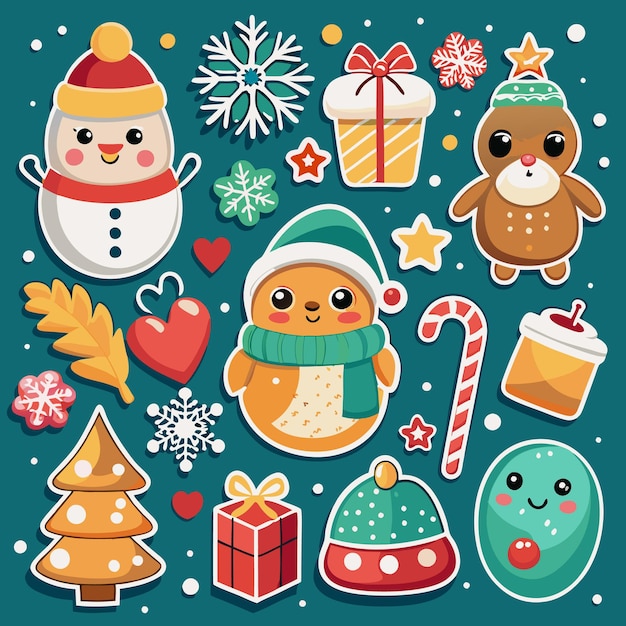 Cute Christmas Stickers with a Snowman Reindeer Presents Candy Canes and a Christmas Tree