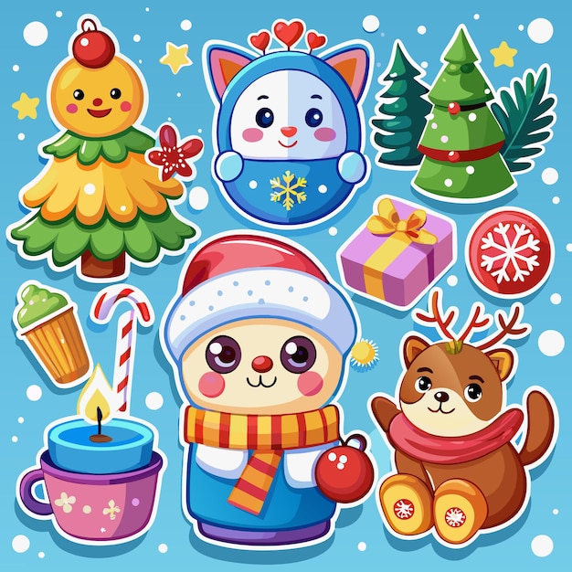 Cute Christmas Stickers with Snowman Reindeer and Tree