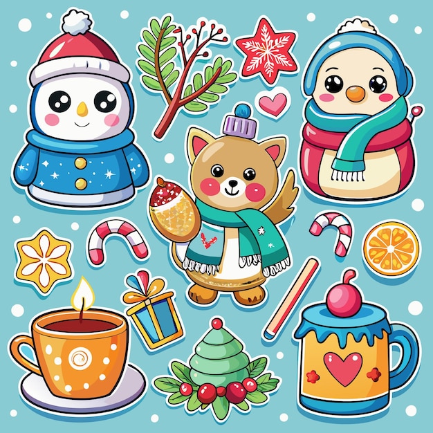 Vector cute christmas stickers with winter animals festive treats